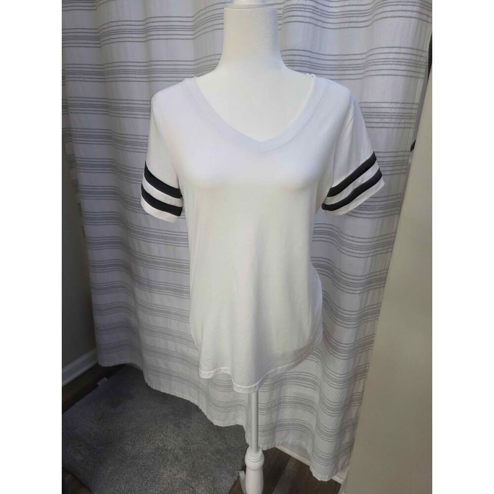 White V-Neck T-Shirt with Striped Sleeves - Size Small